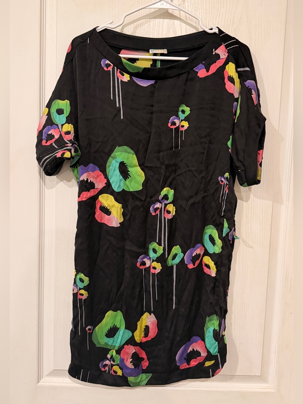 Vintage Rubber Ducky Productions, Inc. Black Shift Dress with Neon Floral Print